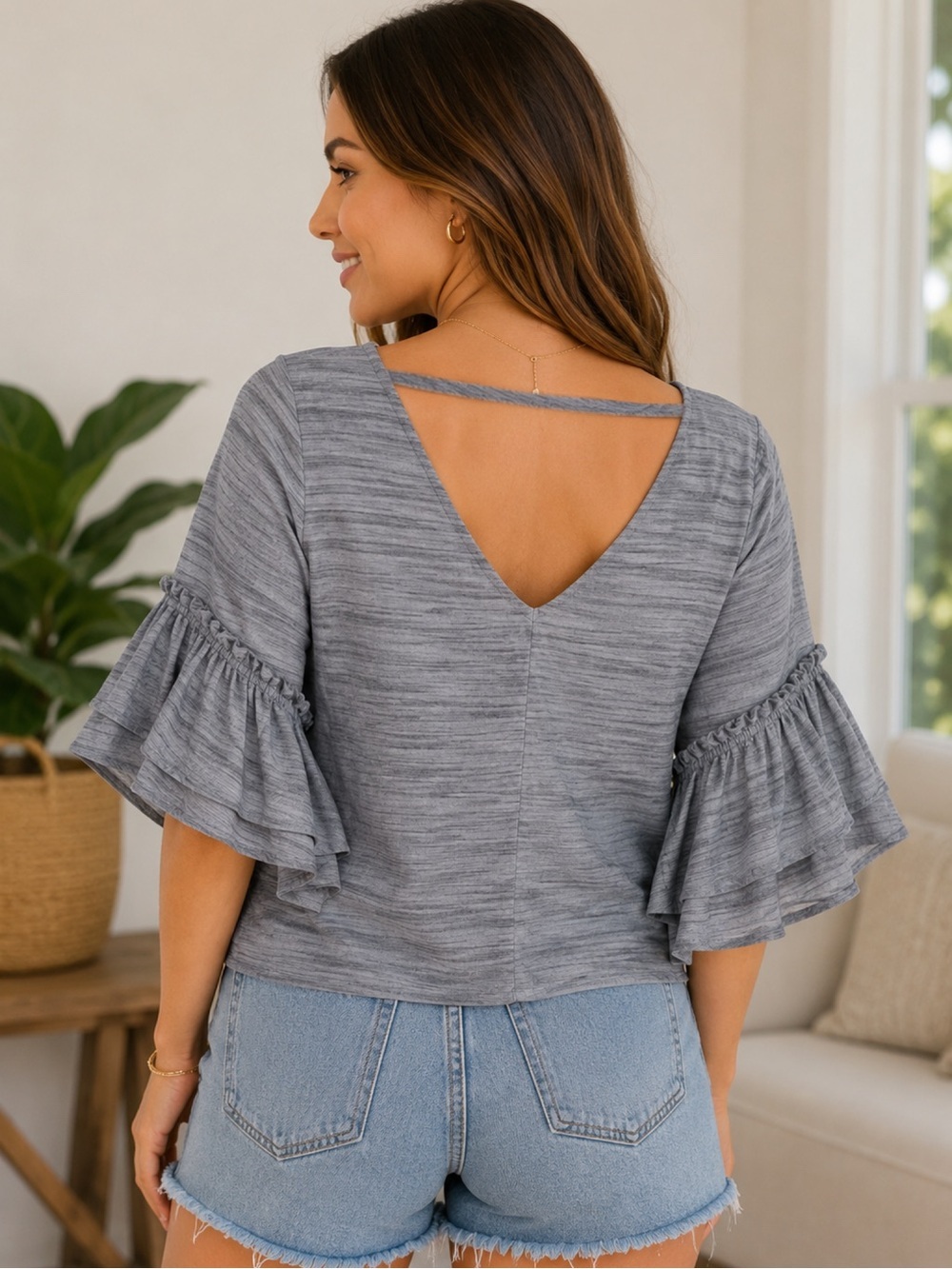 Altar'd State Gray Striped Ruffle Sleeve Boho Crop Blouse Top - Medium